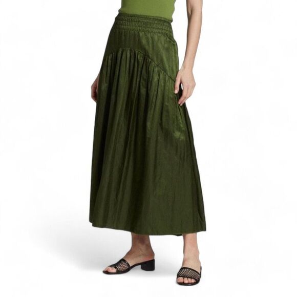 Vince Women's Size 4 Herb Metallic Green Smocked Midi Skirt - Picture 7 of 12